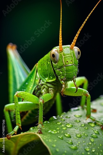 A close-up view of a vibrant green grasshopper sitting on a leaf, showcasing its intricate body structure and unique features in detail under natural lighting © Vit