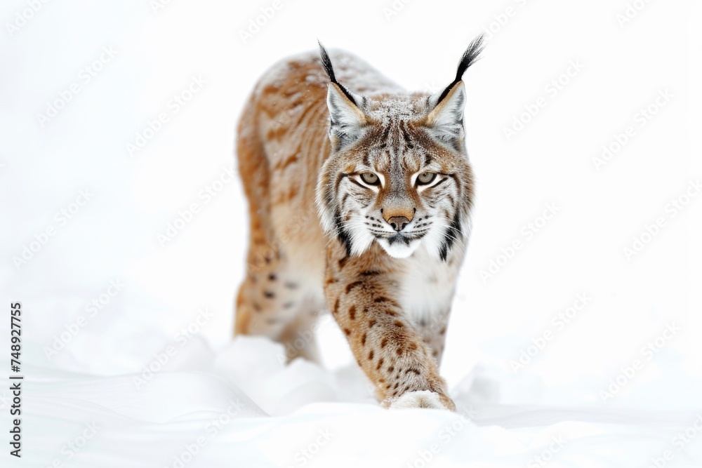 A lynx walking through the snow in the woods. Perfect for nature and wildlife themes