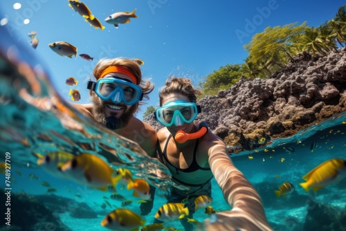 A man and a woman are snorkeling in the ocean, exploring the underwater world. The crystal clear waters allow them to observe a variety of marine life as they swim effortlessly © Vit