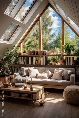 The living room is filled with furniture such as sofas, chairs, and tables. Numerous windows flood the room with natural light, creating a bright and inviting atmosphere