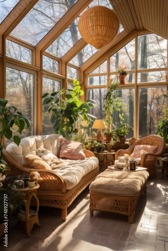 A sunroom is filled with various potted plants and wicker furniture, creating a lush and cozy indoor garden space. The greenery and seating options make it a comfortable and refreshing place to relax