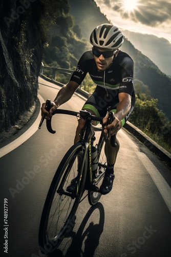 A man is energetically riding a bicycle down a curvy mountain road, leaning into each turn with precision and focus