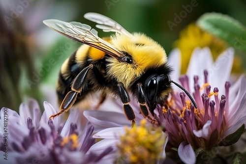 A detailed macro shot of a bumblebee as it collects pollen from the center of a vibrant flower, showcasing intricate details of the bees fuzzy body and the flowers delicate petals