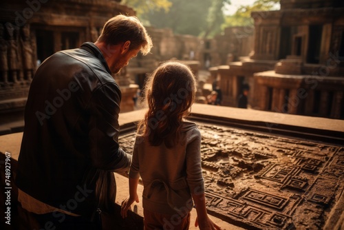 A man and a little girl are standing together, possibly exploring ancient ruins in a foreign land. The man appears to be guiding or protecting the girl