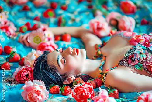 model with floral top rest peacefully on blue bedsheet adorned with flowers and strawberries. spring, dolce far niente, summer, relaxation and leisure. photo