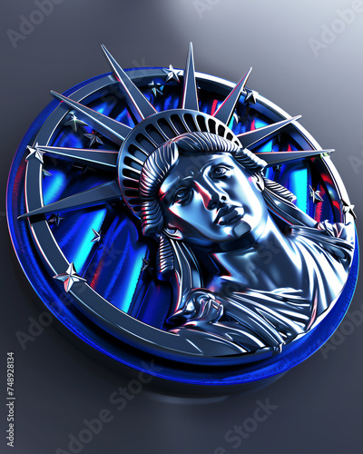 Logo médaille en 3D de la statue de la liberté en métal bleue et argent photo