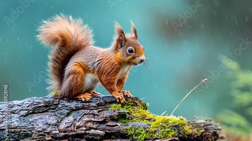 Squirrel standing on a log in the rain, suitable for nature and animal themes