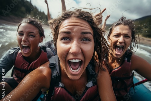 A group of women enjoying a thrilling ride on top of a raft as they navigate down a roaring river, showcasing teamwork and adventure