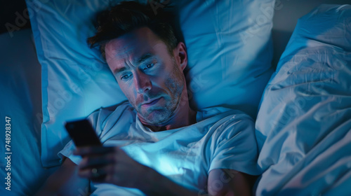 man is lying in bed at night looking at his smartphone with a worried or troubled expression, illuminated by the light from the screen. © Alena