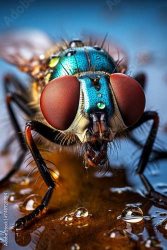 A blue fly is perched on top of a small puddle of water, displaying a contrast of colors between its vibrant blue body and the clear liquid surface © Vit