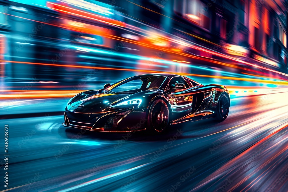 A dynamic shot captures the speed and elegance of a black high-performance sports car hustling through an urban nightscape