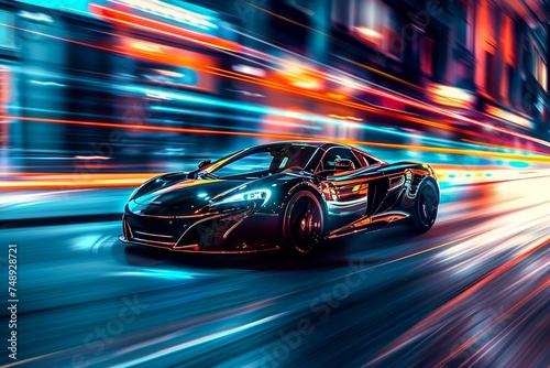 A dynamic shot captures the speed and elegance of a black high-performance sports car hustling through an urban nightscape