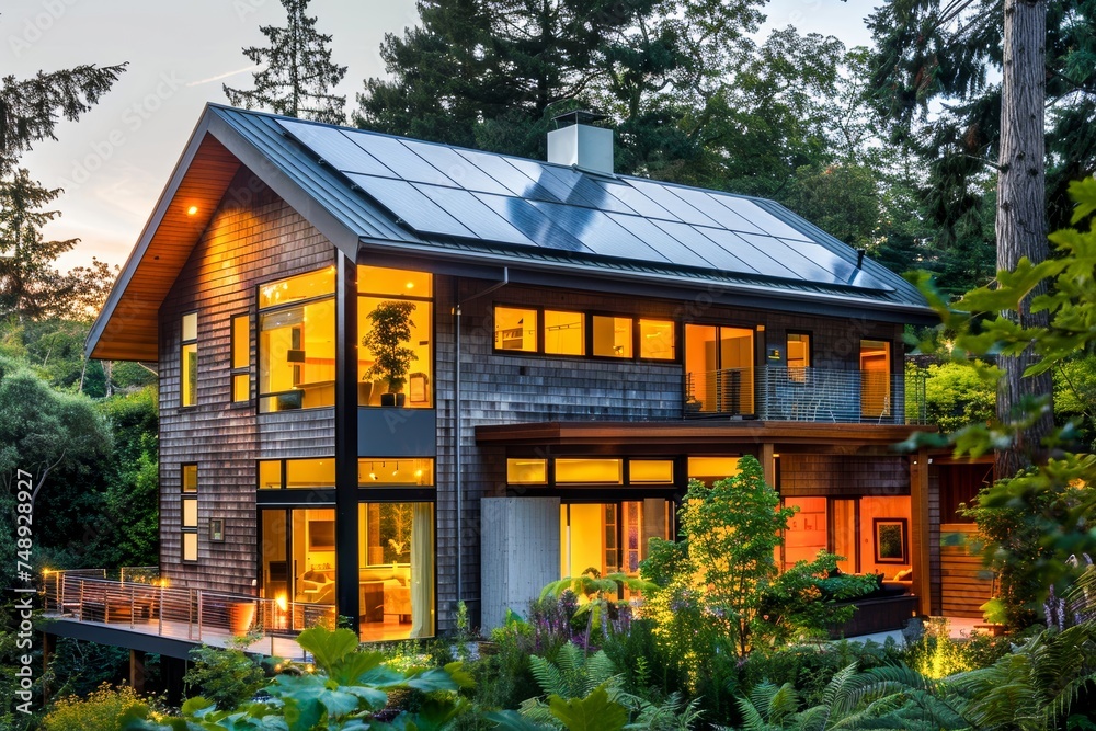 An energy-efficient house with large windows nestled amongst trees, lit up during the evening