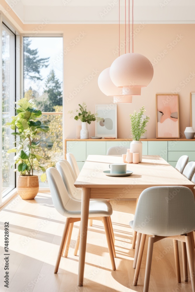 The image shows a Scandinavian inspired dining room featuring a simple, yet elegant table and chairs. The clean lines and minimalist design create a modern and functional space for dining