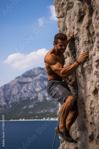 A rock climber reaching for a distant hold on an overhanging route, body stretched to its limits as they push for the top