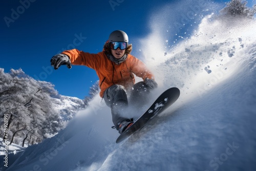 A man is skillfully snowboarding down a snow-covered slope, carving sharp turns and gliding effortlessly. The snowy landscape provides the perfect backdrop for his thrilling descent