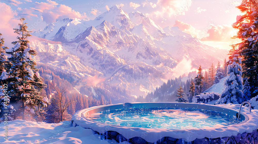 Open-air bath interior near forest, winter, snow view. hot tub outside - obrazy, fototapety, plakaty 