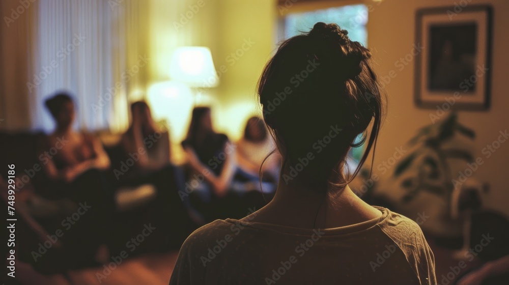 An image capturing a woman from behind observing a group of people, evoking a sense of contemplation - obrazy, fototapety, plakaty 