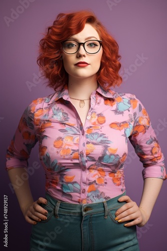 A woman with vibrant red hair and glasses poses confidently for a picture, showcasing her unique style and personality