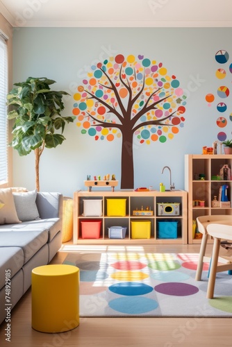 In a vibrant kids playroom, a tree is meticulously painted on the wall. The room is filled with colorful wall decals, enhancing the playful atmosphere for children to enjoy © Vit