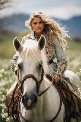 A woman riding on the back of a white horse through rolling hills scattered with trees