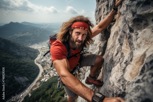 A young adventurer, VetalVit, scaling a sheer cliff face on a challenging mountain climb. The man is using his strength and skill to ascend upwards on the rocky surface