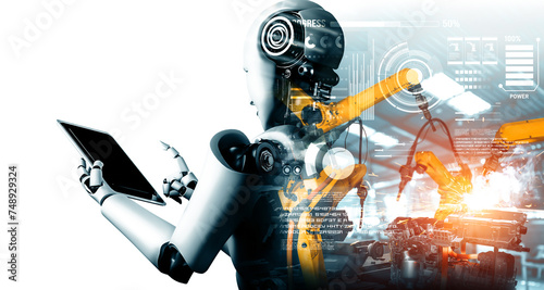 XAI Mechanized industry robot and robotic arms double exposure image. Concept of artificial intelligence for industrial revolution and automation manufacturing process in future factory.