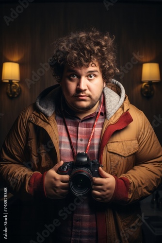 Man look in camera with photo camera in hands