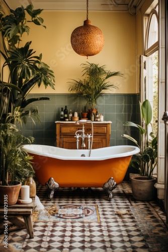 A bathroom with a claw foot bathtub, surrounded by eclectic bohemian decor. Potted plants add a touch of greenery to the space, creating a cozy and inviting atmosphere