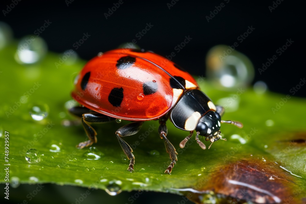 A ladybug is seen up close crawling on a green leaf, showcasing its vibrant red and black colors. The leafs texture and veins are visible, emphasizing the small details of the insects environment