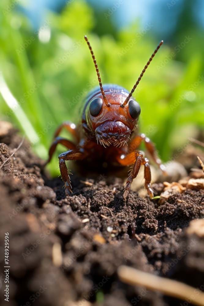 A detailed view of a beetle larvae crawling on the ground, showcasing its segmented body and small legs. The bug is exploring its surroundings with curiosity A detailed view of a beetle larvae crawling on the ground, showcasing its segmented body and small legs. The bug is exploring its surroundings with curiosity