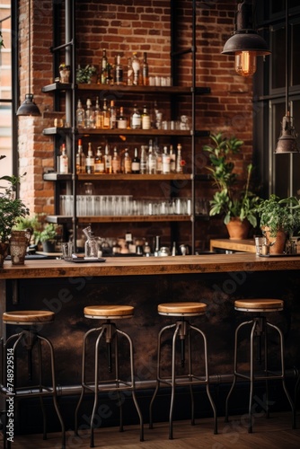 A bar area featuring stools arranged along a sleek counter  set against a rustic brick wall. The industrial-chic design adds a trendy ambiance to the space