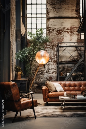 A spacious living room furnished with various pieces of furniture, including a sofa, coffee table, and bookshelves. The room features a prominent brick wall, giving it an industrial loft vibe