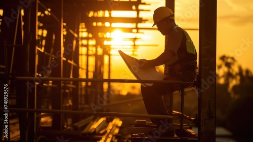 As the day breaks, a construction worker reviews blueprints on a high-rise site, planning the day's work with a backdrop of the rising sun. AIG41