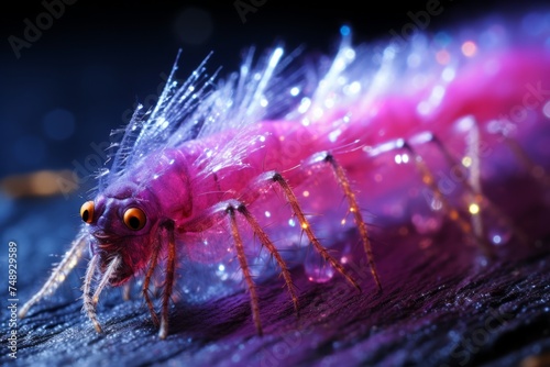 A close-up view of a pink insect perched on a table, showcasing intricate details of its features and surroundings in clear focus