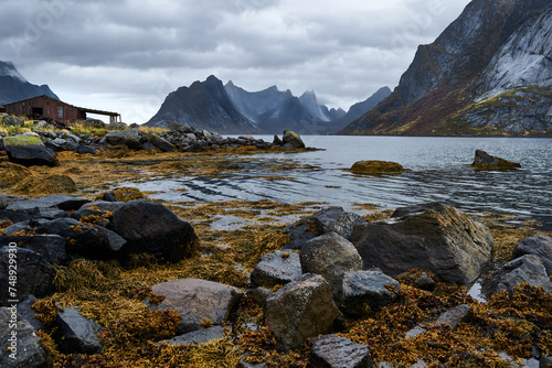 Dramatic autumn scene in Lofoten, Norway, of an old shack by the water, with Fjords reaching skywards in the background