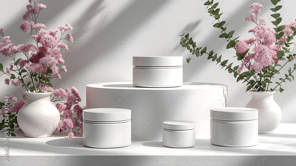 Blank white cosmetic skincare makeup, cream and shampoo containers and bottles. 3D Render Blank white cosmetic skincare makeup, cream and shampoo containers and bottles. 3D Render