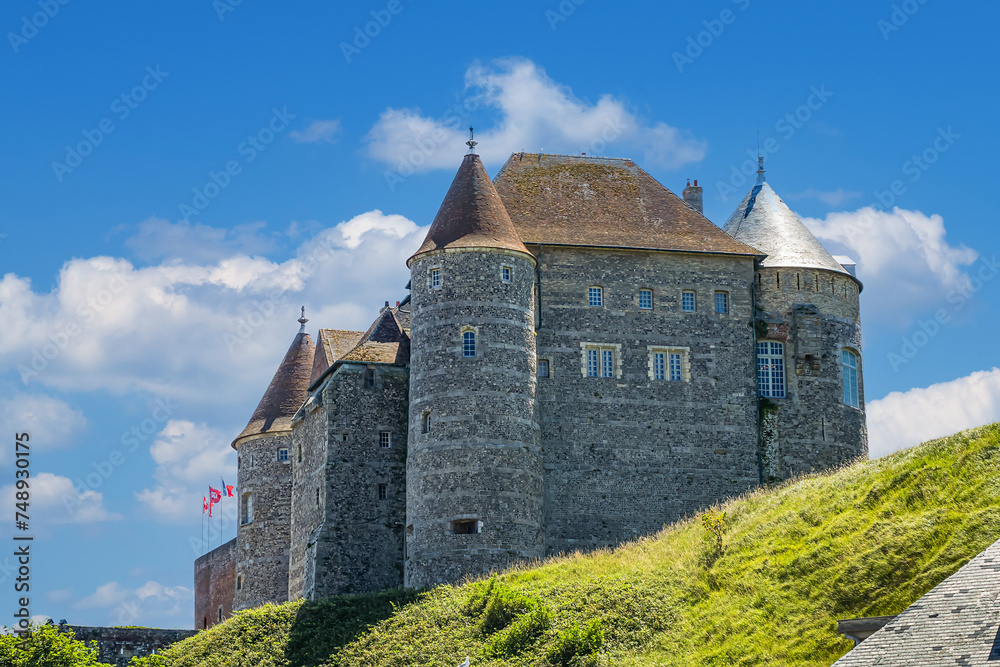 View of Dieppe Castle (Chateau de Dieppe). In 1188, King Henry II of England founded the Chateau de Dieppe. Dieppe, Normandy, France.