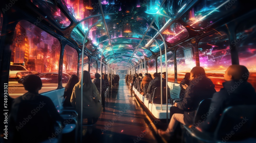 Interior of a bus with people on the background of the night city Interior of a bus with people on the background of the night city