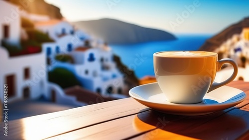 Traditional Greek coffee on the balcony with a beautiful Greek Mediterranean city in the background, A cup of coffee or tea on a blurred background of the evening Greek seascape.