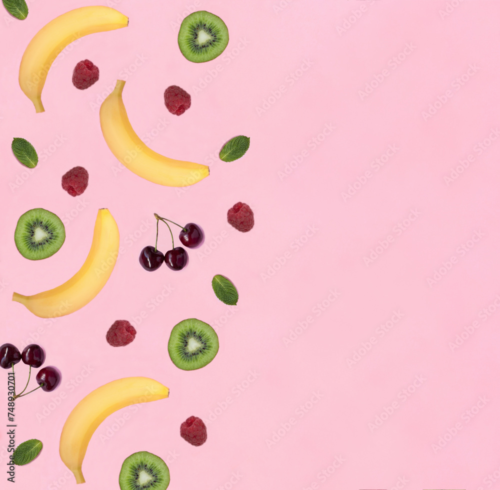 Fotografie Fruit and berry on the pink background