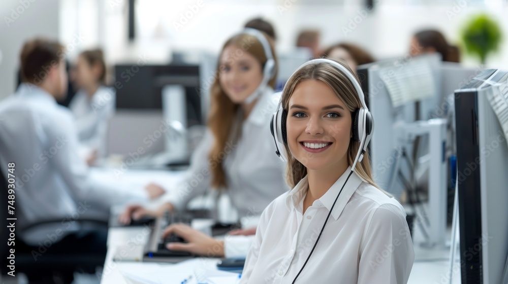 Customer service representatives assisting clients, wtih smiling face and resolving issues Customer service representatives assisting clients, wtih smiling face and resolving issues