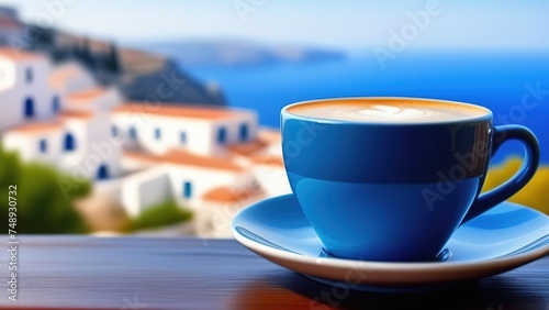 Traditional Greek coffee on the balcony with a beautiful Greek Mediterranean city in the background, A cup of coffee or tea on a blurred background of the evening Greek seascape.