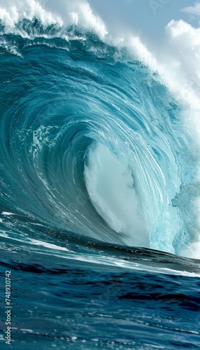 Majestic colossal ocean wave against clear blue sky, side view of massive powerful water wall