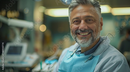 Happy dentist with a beard smiling in dental office