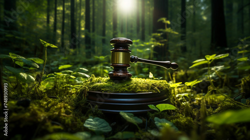 A virtual gavel glows amidst a lush techinfused forest landscape representing a new era of international ecological justice Style Virtual Green Law photo
