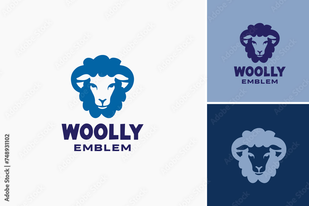 woolly sheep logo design template, Close up sheep head with blue and white logo suitable for agriculture or farming business. Animal and livestock industry concepts.