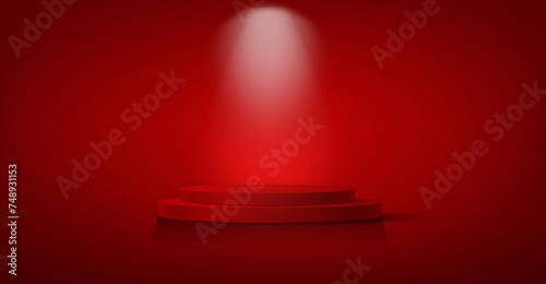 3D winner podium, red carpet staircase, celebrity party award concept vector red background