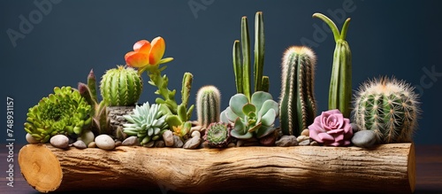 Several small succulents, including cacti, sit atop a rustic wooden log. The succulents are potted and varied in shapes and sizes, creating a visually interesting display of desert plants. photo