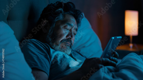 man is lying in bed at night, using a tablet with a visible screen glow illuminating his face.